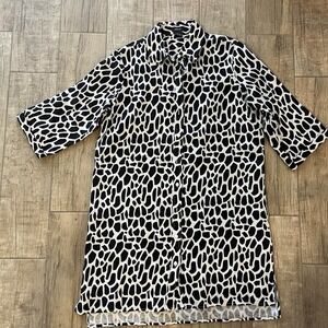 Pure Amici Dress Linen Roll Tab Sleeve Black White Bold Print Button Through Med